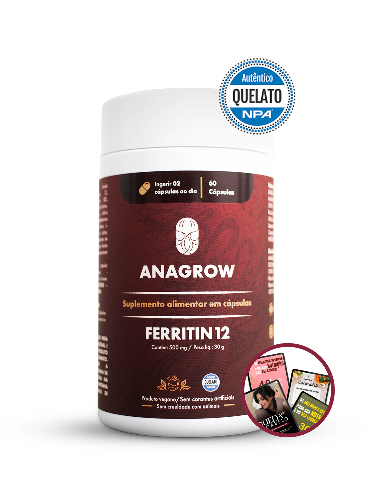 Vitamina de Combate à Queda de Cabelo Ferritin12 60 Cápsulas + 5 E-books