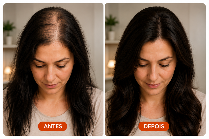 Antes e depois — mulher com mais volume e densidade capilar