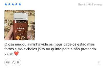 Avaliação de cliente: cabelos mais fortes e mais cheios, já no quinto pote de OSA